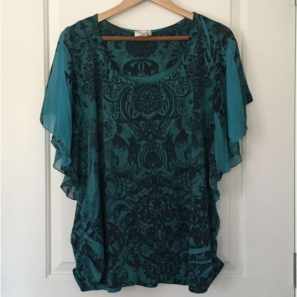 Lavish Plus Top 3X Sublimation Teal Black Short Butterfly Sleeve Stretch Ruched